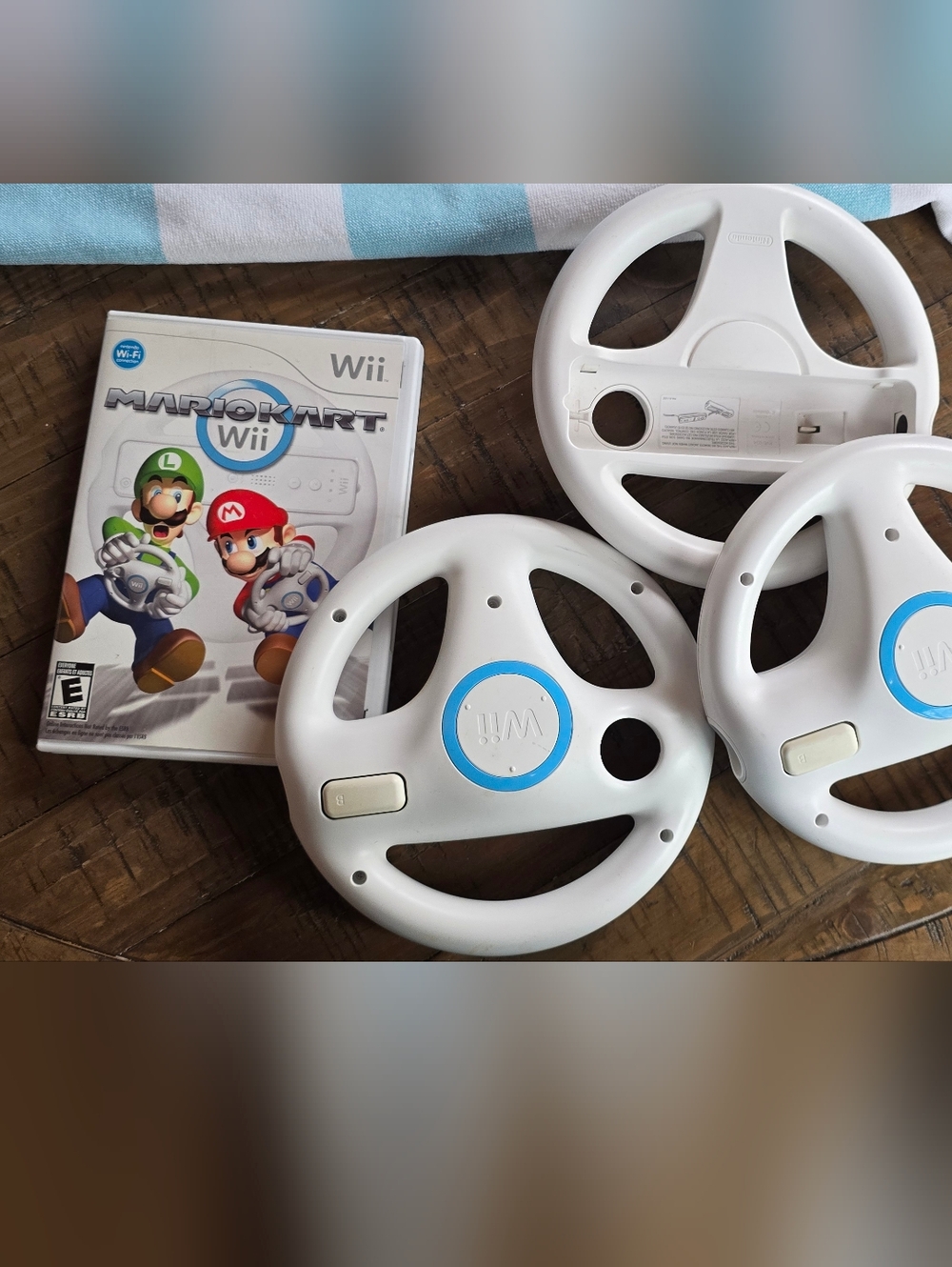 Nintendo White Wii Steering Wheels with Blue Accents + Mario Kart Wii